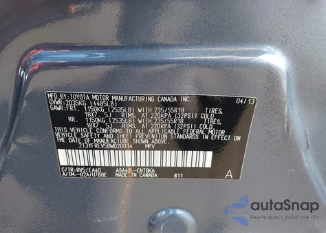 2013 Toyota Rav4 Limited из США, поврежденный, VIN 2T3YFREV5DW020014